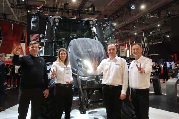 Team Valtra celebrating the Farm Machine 2023 Jury Award for the Q Series. From left to right: Jari Rautjärvi, Managing Director Valtra; Charlotte Morel, Marketing Communications Manager Valtra France; Alexandre Chantrelle, National Sales and Brand