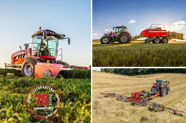 Hesston by Massey Ferguson celebrates its 75th anniversary at Farm Progress Show in 2022. New products on display at the Farm Progress Show include the WR Series Windrower, MF 2200 Series Large Square Baler, and the TD X Series Tedder.