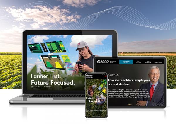 Collage features imagery from AGCO's 2023 Sustainability and Annual reports on a laptop, tablet and smartphone. A woman examines a phone with an overlay of technological displays. On another monitor, AGCO Chairman, President & CEO Eric Hansotia smiles.